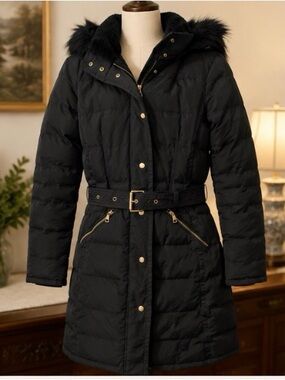 Dex Outerwear Collection Women’s Black Belted Puffer Winter Coat fur hood |Small